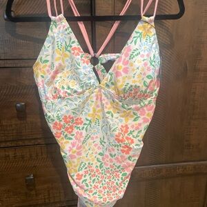 Zaful White Floral One-Piece Swimsuit with Pink, Yellow & Green